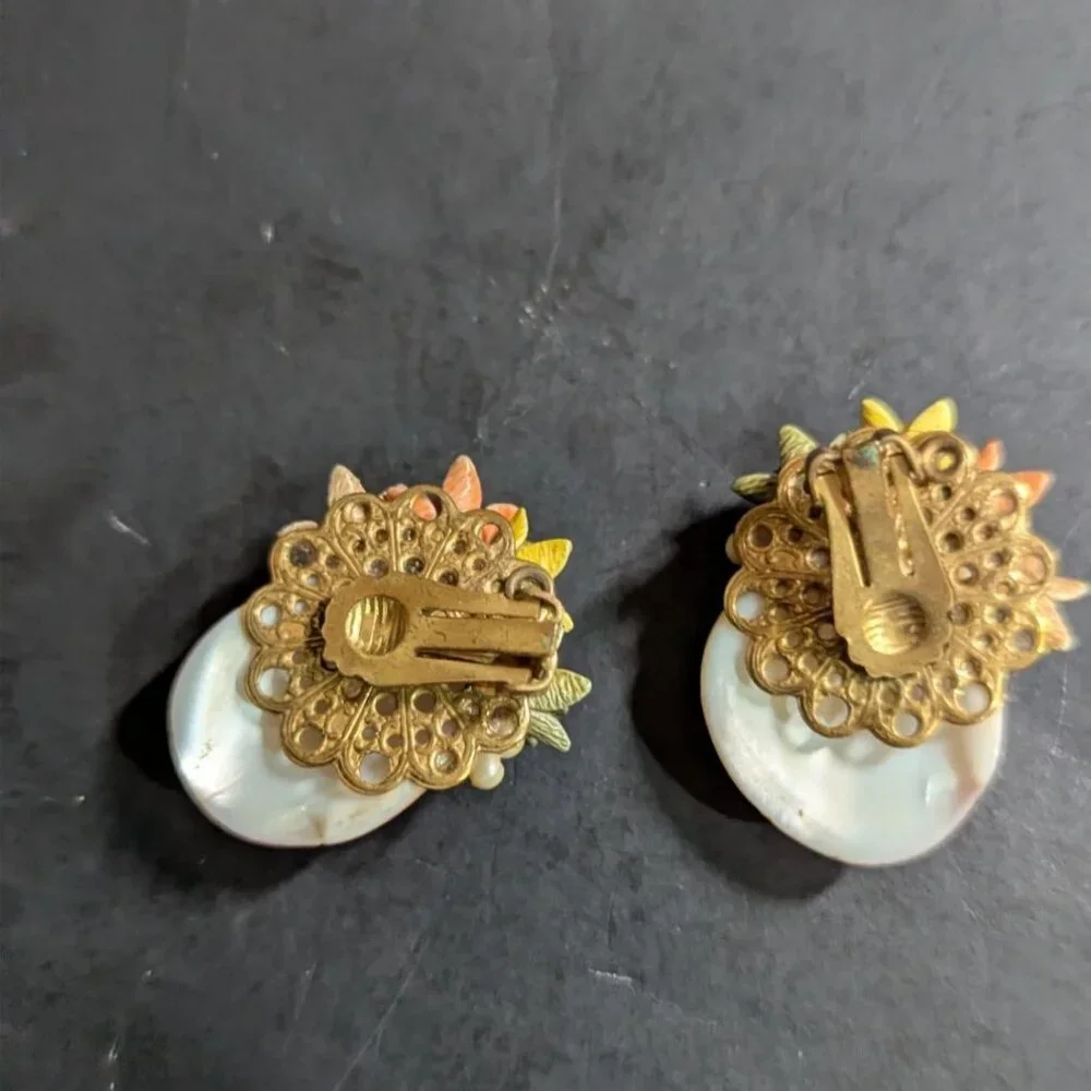 Vintage Floral Clip On Earrings  Orange Beads Filigree  Rhinestones 1.5